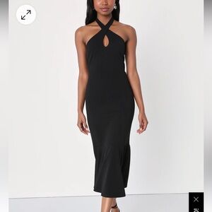 Striking Allure Black Cross-Front Trumpet Midi Dress